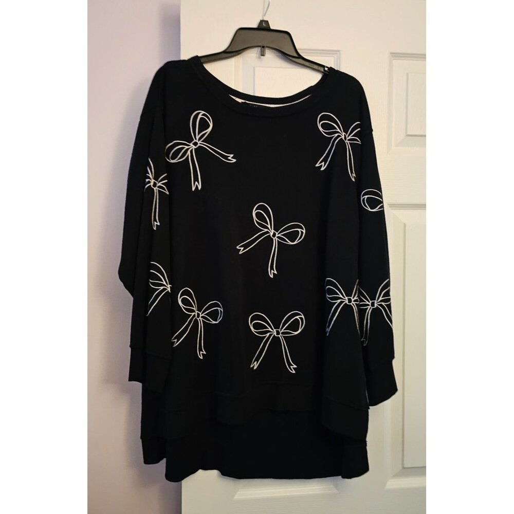 Jane & Delancy Womens Bow Embroidered Jersey Knit Sweater 1X Cozy Lagenlook READ